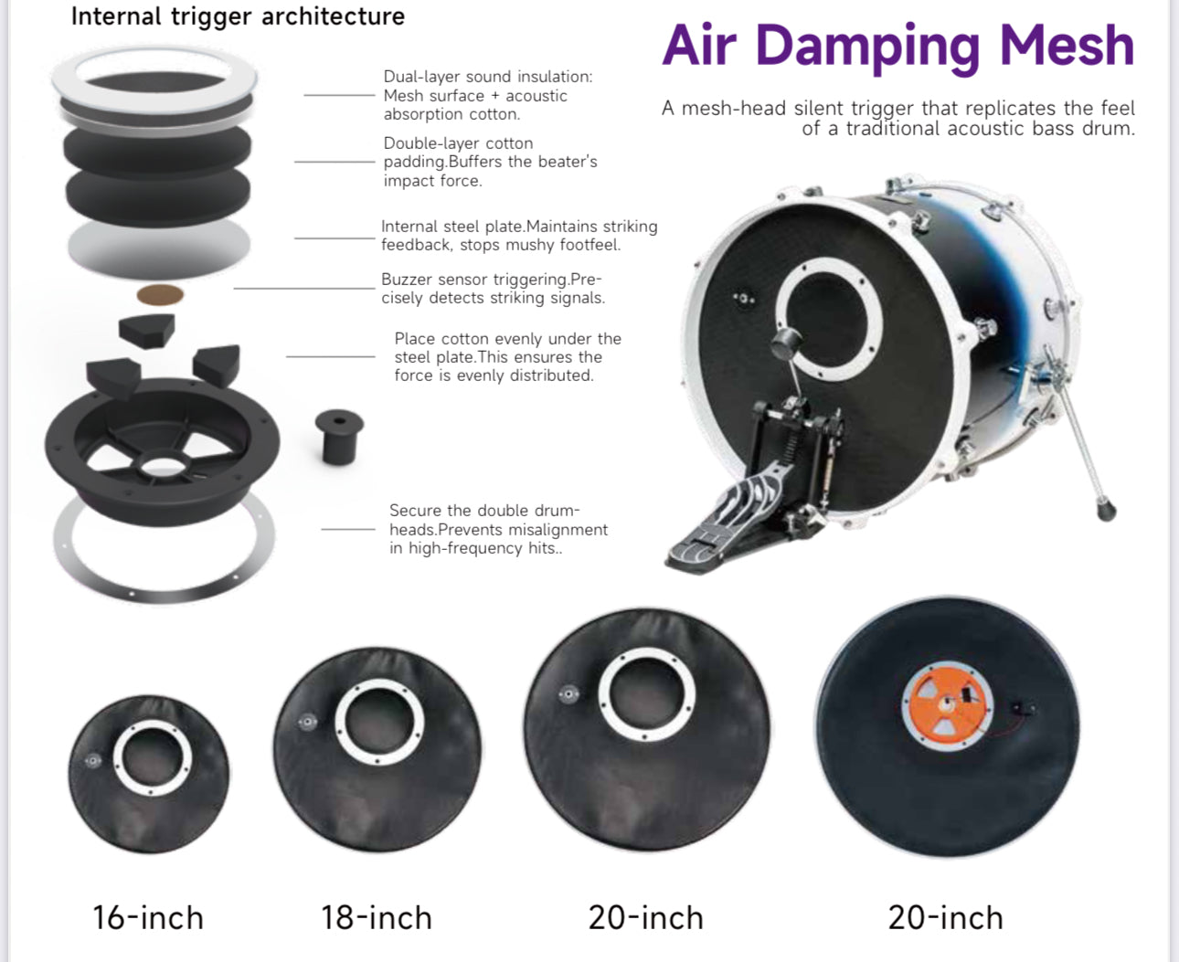 22” E Drum Kick Trigger System Bass A2E Roland and Alesis Compatible
