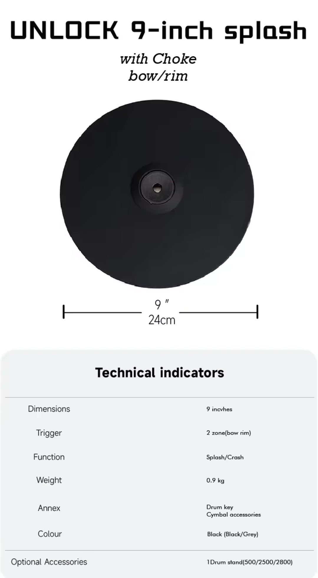 UNLOCK 9” Crash Splash Cymbal for Roland Alesis Kit